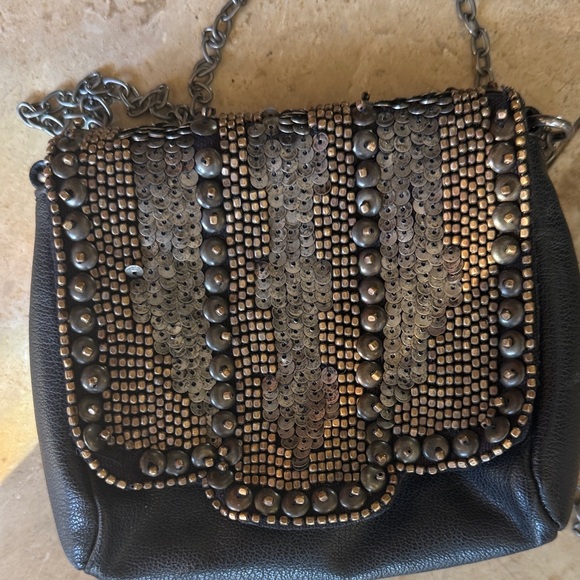 ECOTE ladies small beaded sequin black handbag, long chain handle - Picture 3 of 7